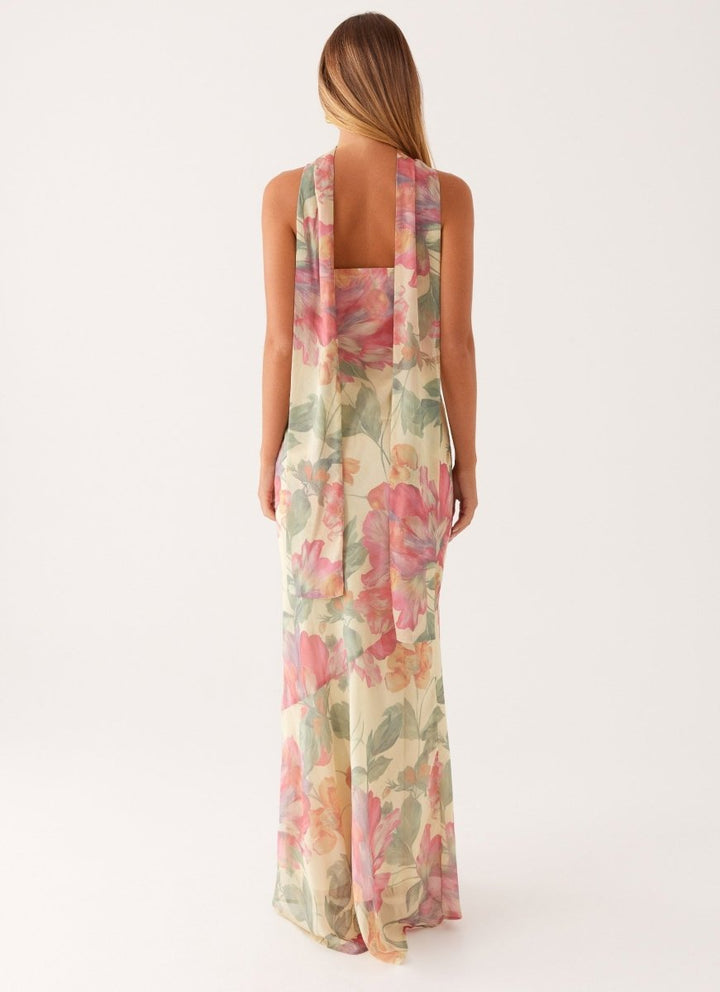 Dames strapless maxi-jurk met sjaal en grote bloemenprint