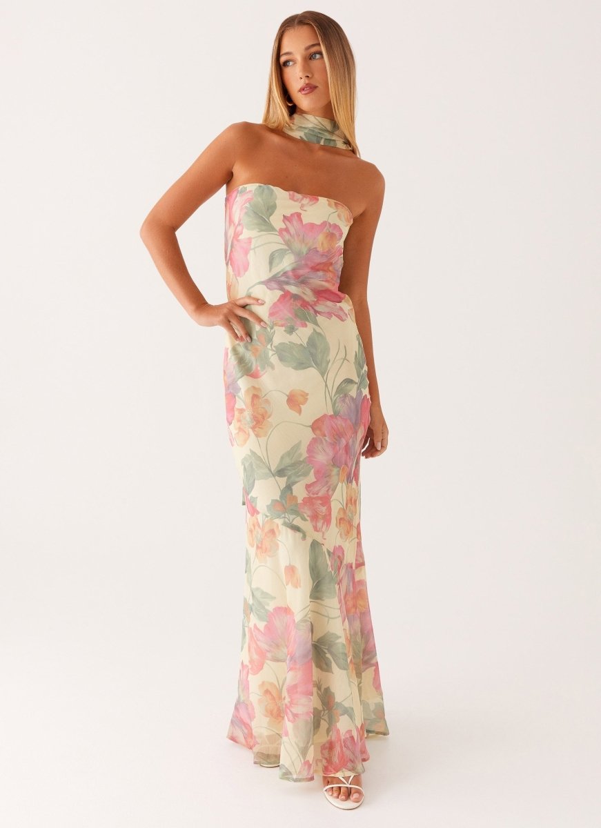 Dames strapless maxi-jurk met sjaal en grote bloemenprint