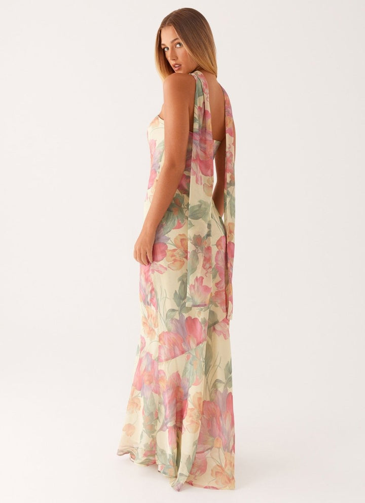 Dames strapless maxi-jurk met sjaal en grote bloemenprint