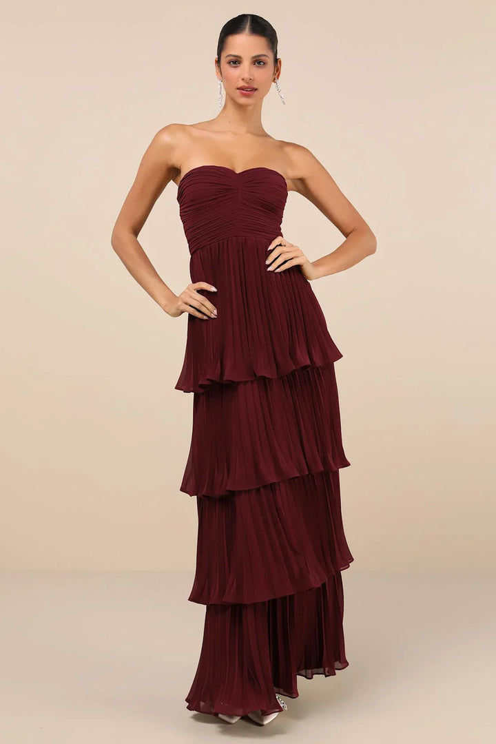 Dames Strapless Maxi Jurk met Hartvormige Halslijn, Geplooid Bovenstuk en Gelaagde Rok