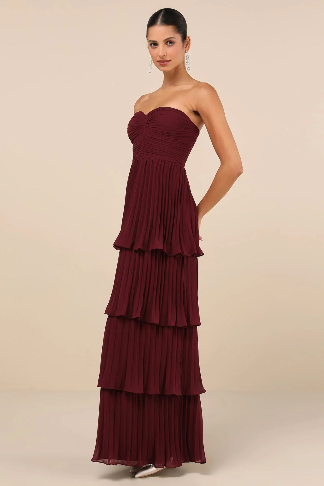 Dames Strapless Maxi Jurk met Hartvormige Halslijn, Geplooid Bovenstuk en Gelaagde Rok