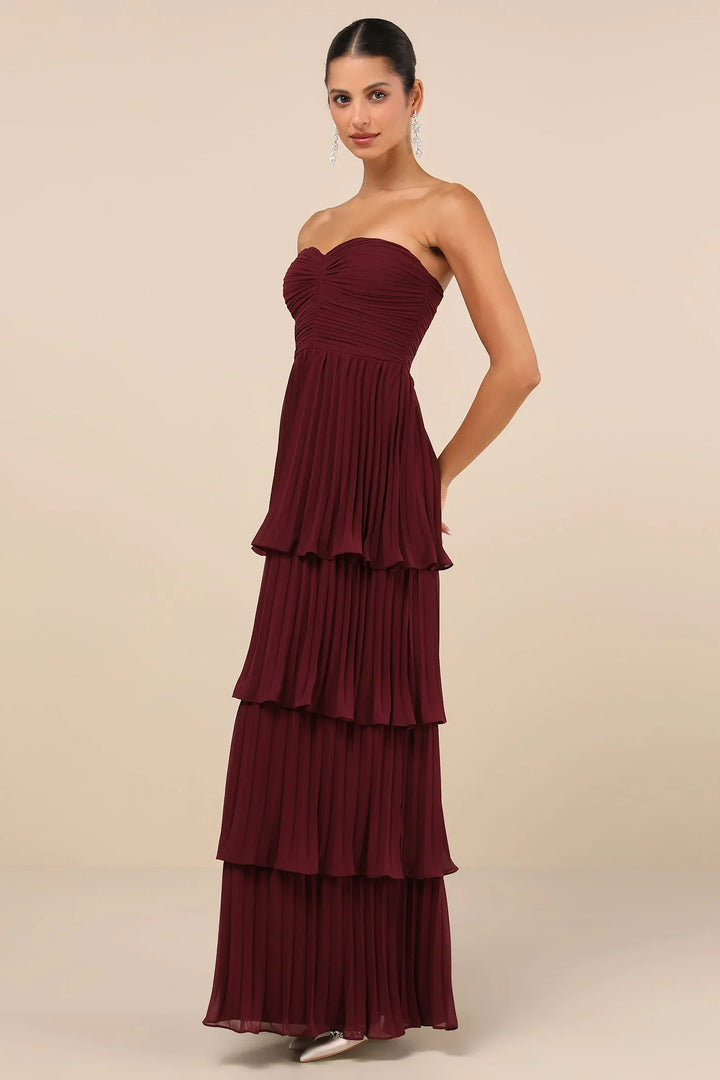 Dames Strapless Maxi Jurk met Hartvormige Halslijn, Geplooid Bovenstuk en Gelaagde Rok