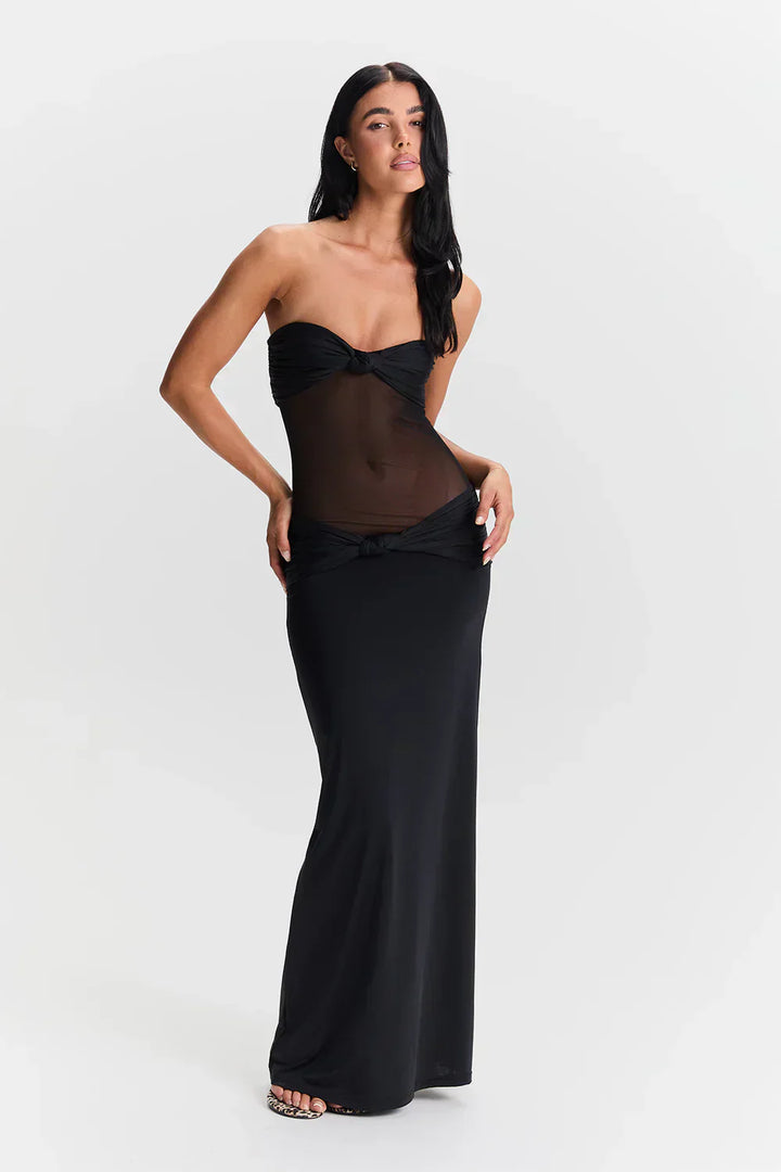 Dames strapless maxi-jurk met knoopdetail en transparante mesh-inzet