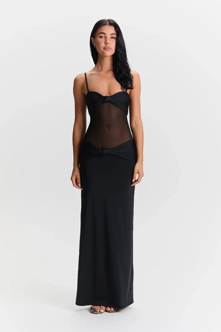 Dames strapless maxi-jurk met knoopdetail en transparante mesh-inzet