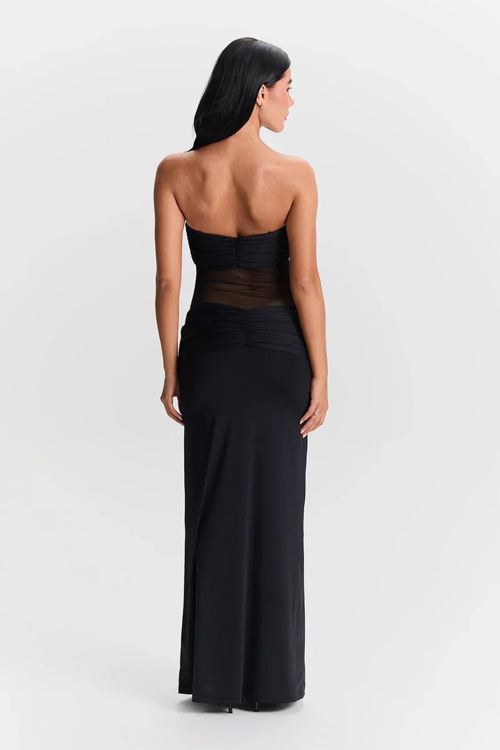 Dames strapless maxi-jurk met knoopdetail en transparante mesh-inzet