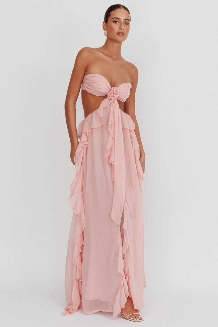 Dames strapless maxijurk met taille-uitsnede, ruches rok en rozetapplicatie