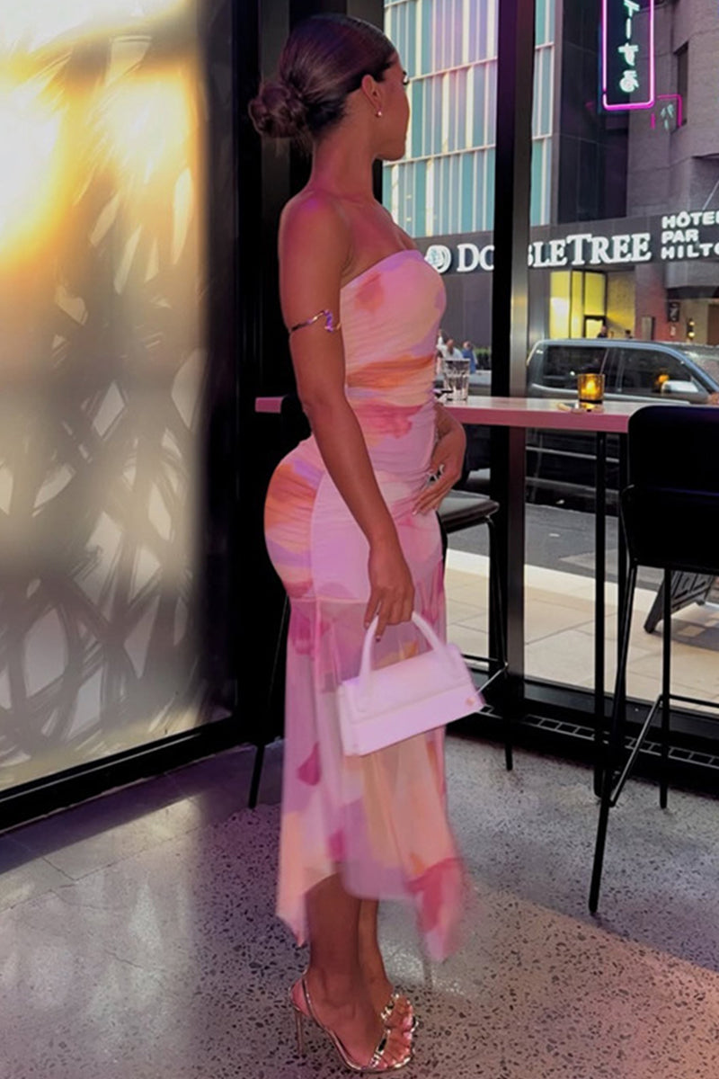 Dames strapless midijurk met gerimpeld lijfje en asymmetrische meshzoom