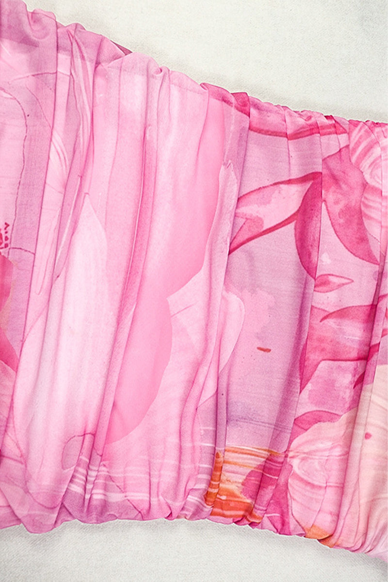 Dames strapless midijurk met gerimpeld lijfje en asymmetrische meshzoom