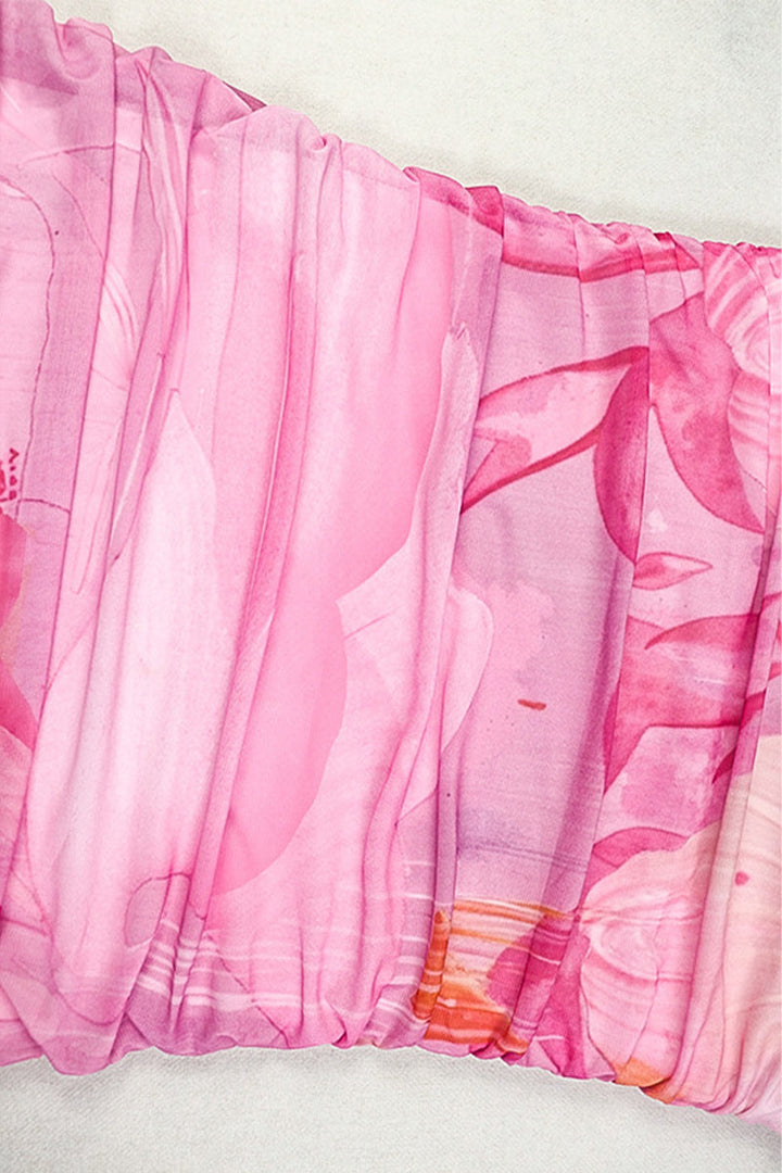 Dames strapless midijurk met gerimpeld lijfje en asymmetrische meshzoom