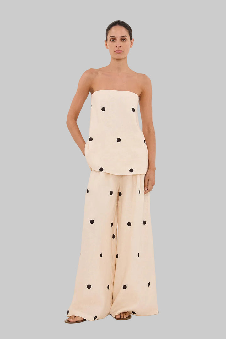 Dames strapless set met stippenpatroon, wijde broek en ritssluiting op de rug