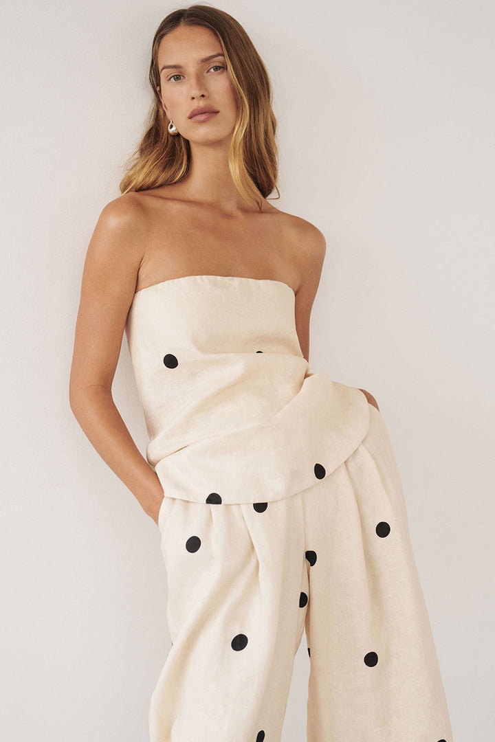 Dames strapless set met stippenpatroon, wijde broek en ritssluiting op de rug