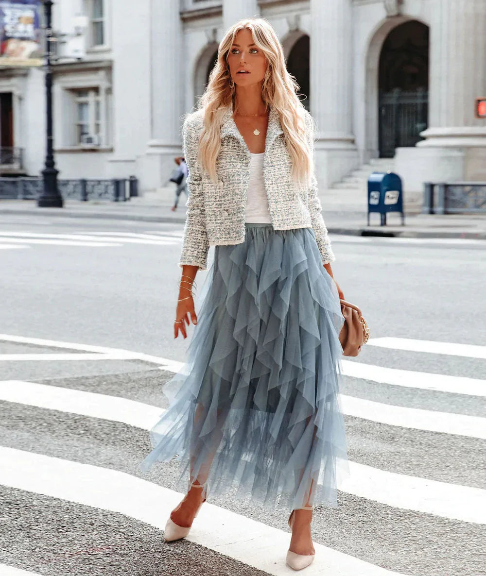 Dames tule rok met meerlagige ruches en elastische tailleband