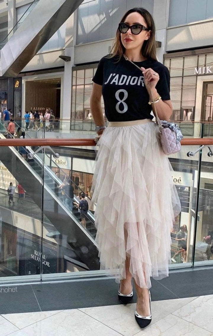 Dames tule rok met meerlagige ruches en elastische tailleband