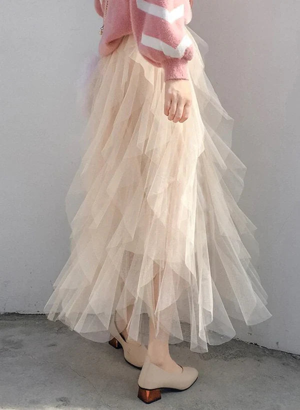 Dames tule rok met meerlagige ruches en elastische tailleband