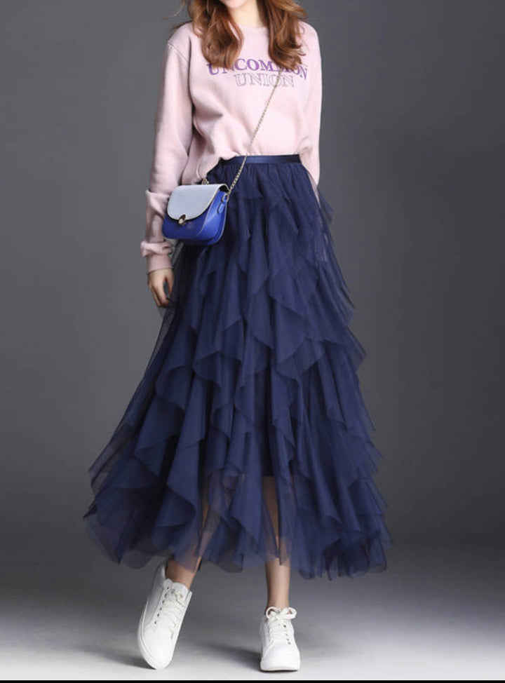 Dames tule rok met meerlagige ruches en elastische tailleband