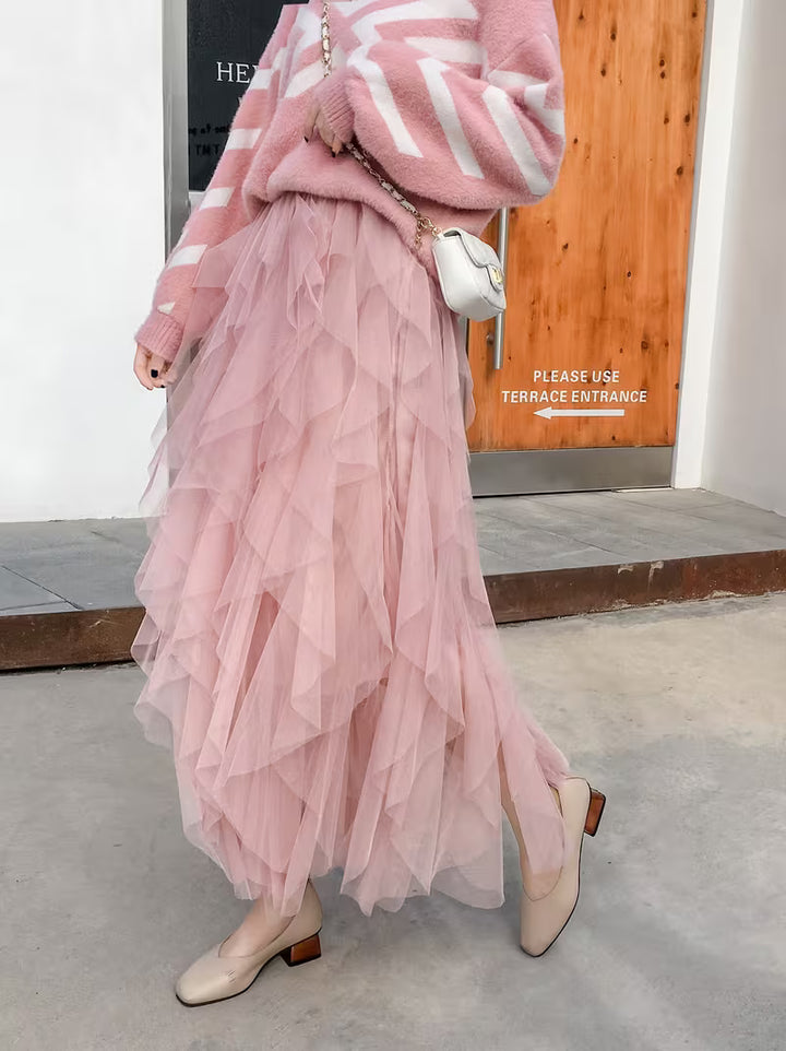 Dames tule rok met meerlagige ruches en elastische tailleband