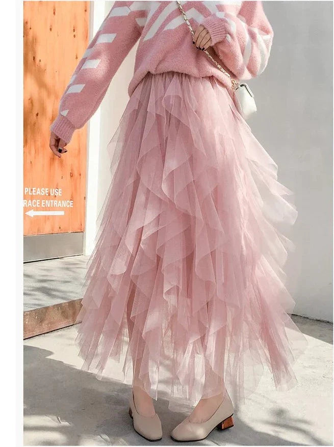 Dames tule rok met meerlagige ruches en elastische tailleband