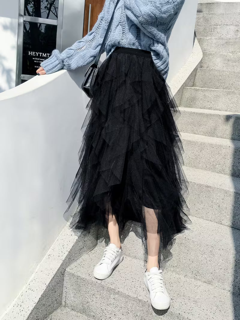 Dames tule rok met meerlagige ruches en elastische tailleband