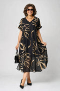 Damen V-Ausschnitt Midi Kleid mit Flattersärmeln und Schleifen-Druck