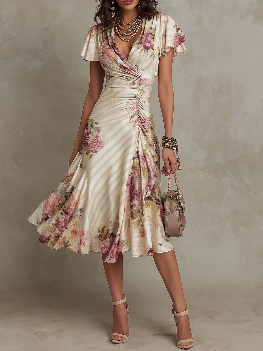 Damen V-Ausschnitt Midi Kleid mit Rüschenärmeln und Blumenprint