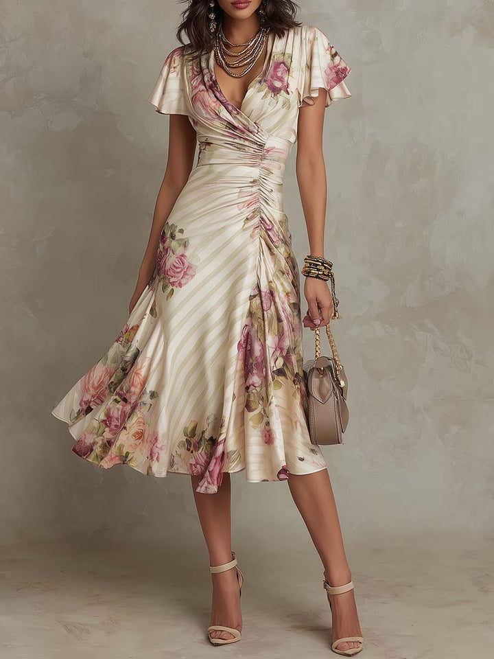 Damen V-Ausschnitt Midi Kleid mit Rüschenärmeln und Blumenprint