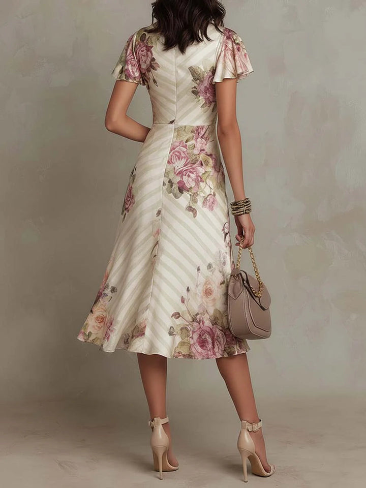Damen V-Ausschnitt Midi Kleid mit Rüschenärmeln und Blumenprint