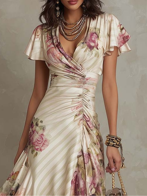Damen V-Ausschnitt Midi Kleid mit Rüschenärmeln und Blumenprint