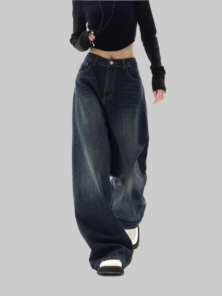 Dames wijde spijkerbroek met normale taille, knoopsluiting en voorzakken