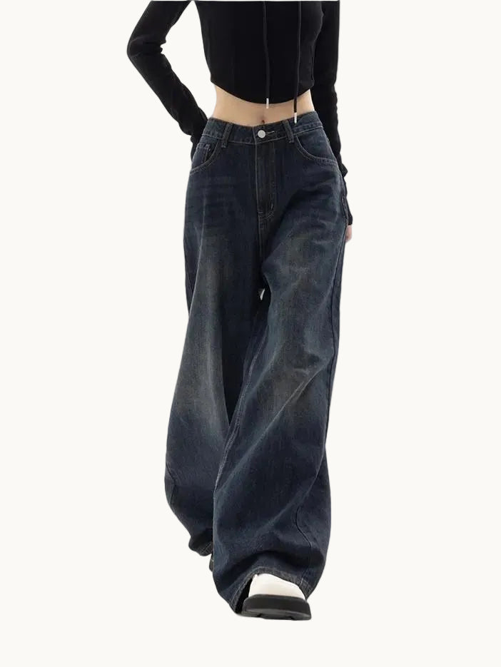 Dames wijde spijkerbroek met normale taille, knoopsluiting en voorzakken