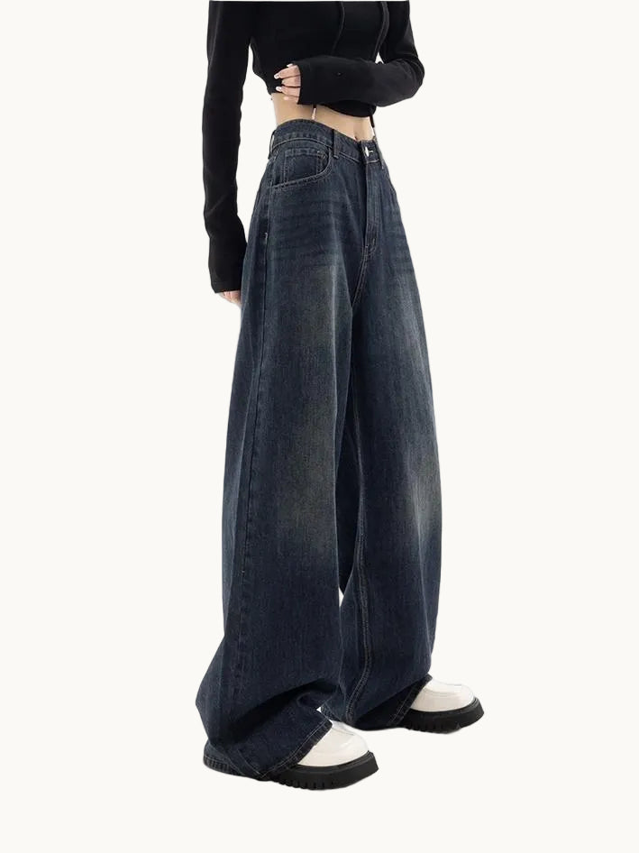 Dames wijde spijkerbroek met normale taille, knoopsluiting en voorzakken