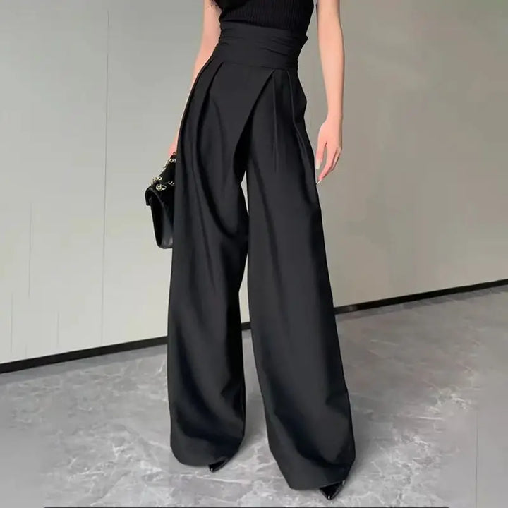 Dames wijde broek met hoge taille, gekruiste tailleband en plooien