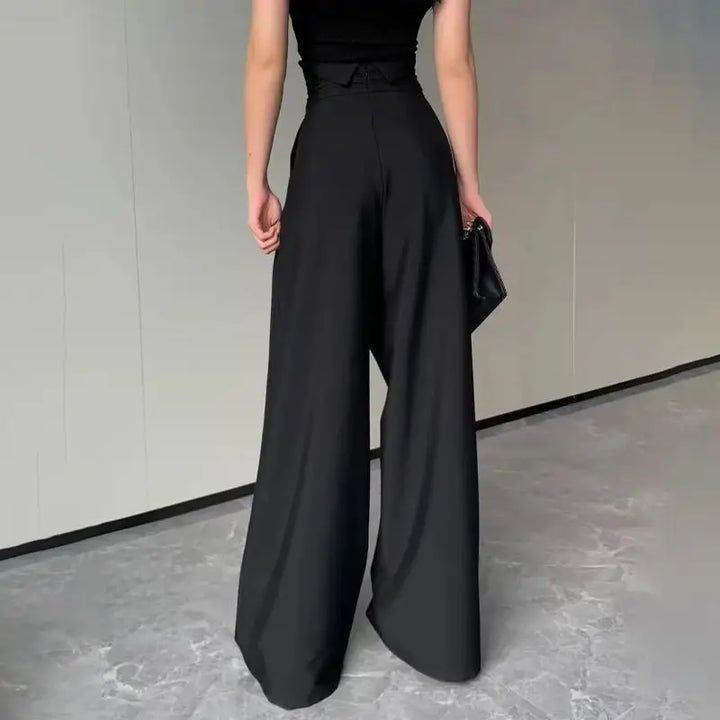 Dames wijde broek met hoge taille, gekruiste tailleband en plooien