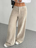 Dames wijde broek met hoge taille, knoopsluiting en opgestikte zakken