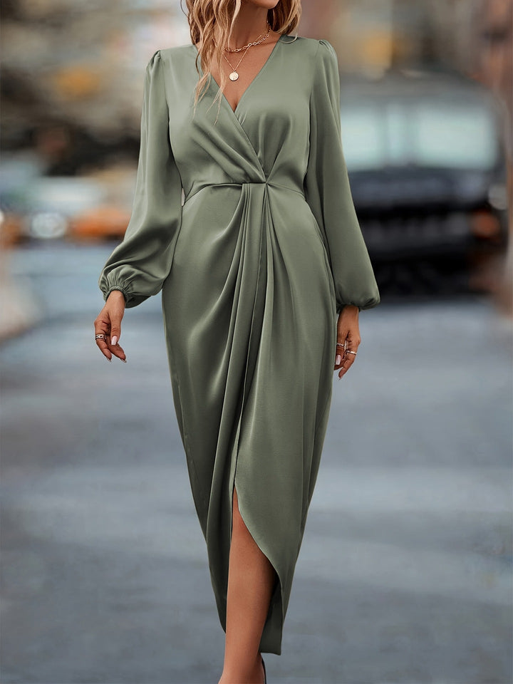 Damen Wickelkleid mit V-Ausschnitt und langen Aermeln und Midi-Laenge