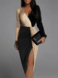 Damen Wickelkleid mit V-förmigem Halsbereich Langen Ärmeln Pailletteneinsatz und Seitenschlitz