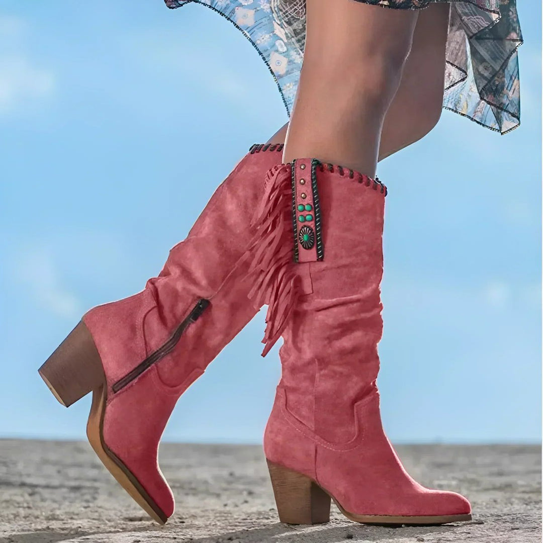 Frieda | Damen Wildleder Fransen Western Cowboy Stiefel