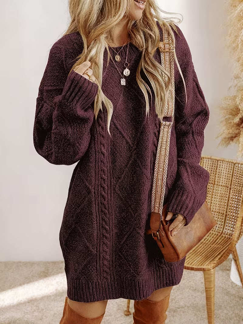 Damen Zopfmuster Strickkleid mit V-Ausschnitt und überschnittenen Schultern