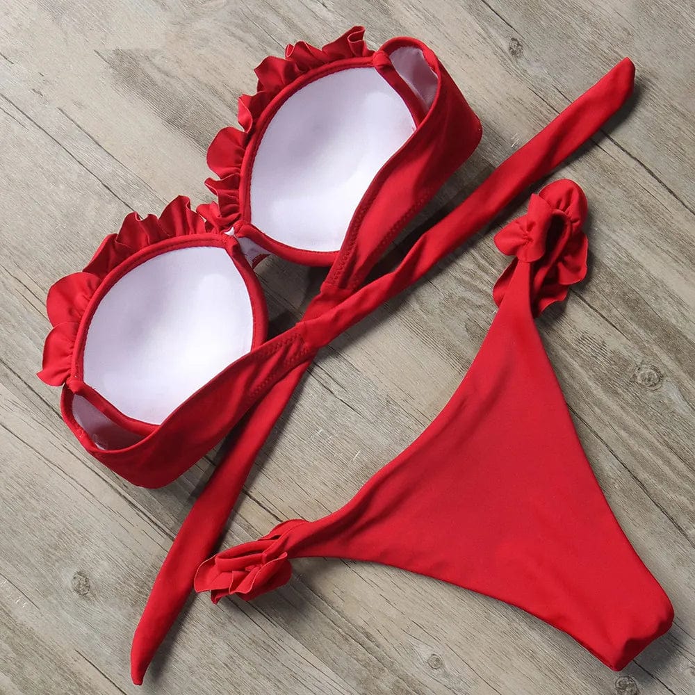 Damen Zweiteiliger Bikini mit Trägerlosem Oberteil Volants und Bindung am Rücken
