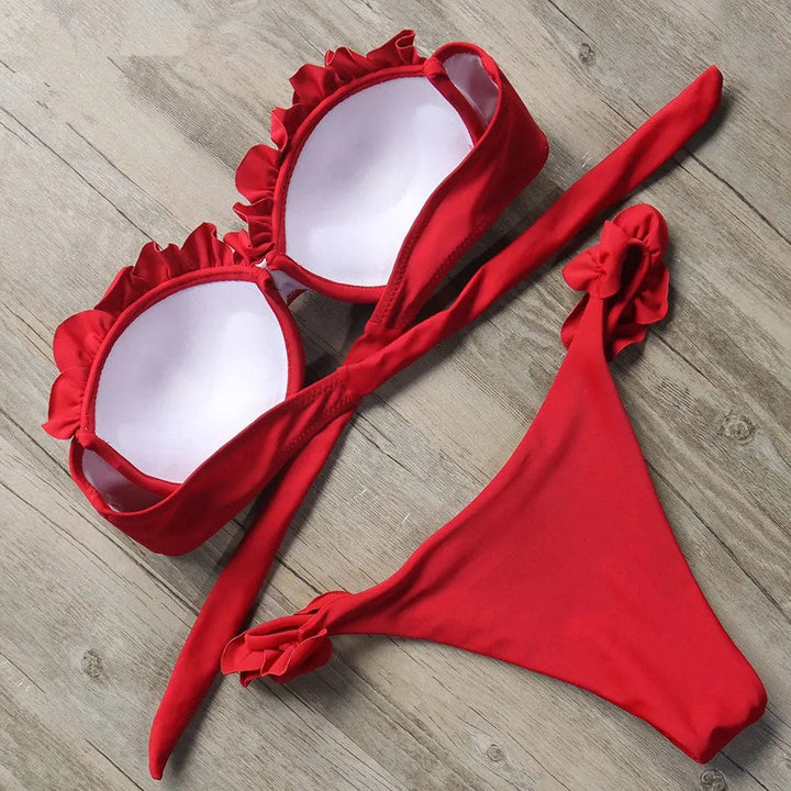 Damen Zweiteiliger Bikini mit Trägerlosem Oberteil Volants und Bindung am Rücken