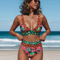 Damen Zweiteiliger Bikini mit V-Ausschnitt Hoher Taille und Tropischem Muster
