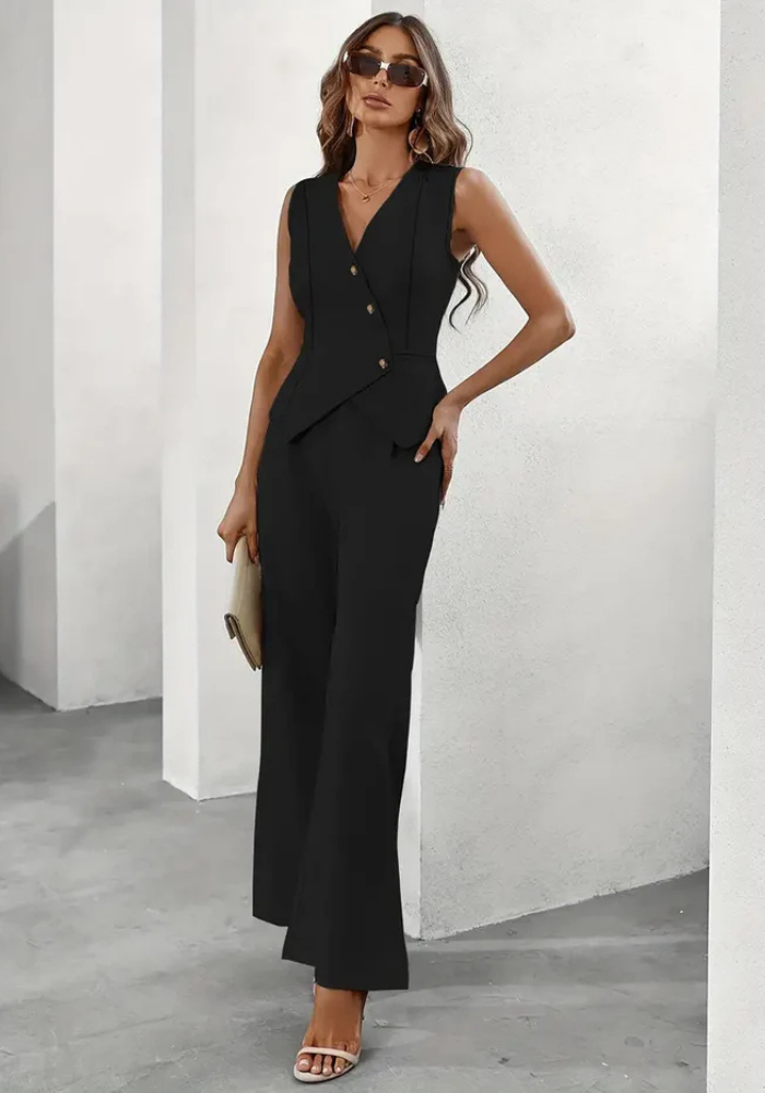 Dames Tweedelige Set met Mouwloos Vest V-hals Knoopsluiting en Broek met Wijde Pijpen