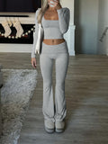 Damen Zweiteiliges Set mit Langarm-Crop-Top quadratischem Ausschnitt hohem Bund und Schlaghose