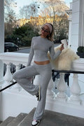 Damen Zweiteiliges Set mit Langarm-Crop-Top Rundhalsausschnitt und Schlaghose mit hohem Bund