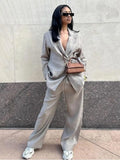 Damen Zweiteiliges Set mit Langem Blazer Reverskragen Bindegürtel und Weiter Hose