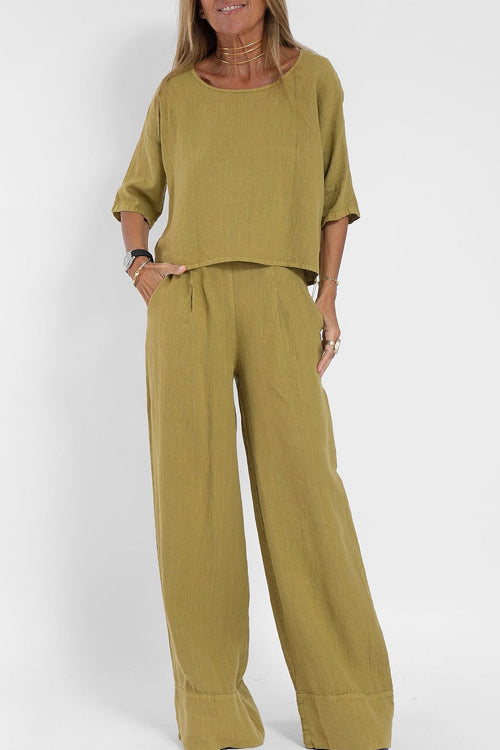 Dames tweedelige set met rondehals-top, halflange mouwen en wijde broek met hoge taille