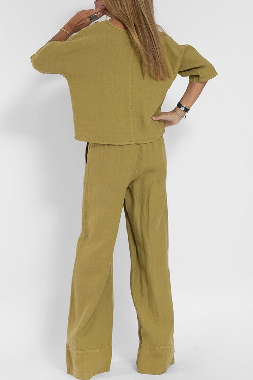 Dames tweedelige set met rondehals-top, halflange mouwen en wijde broek met hoge taille