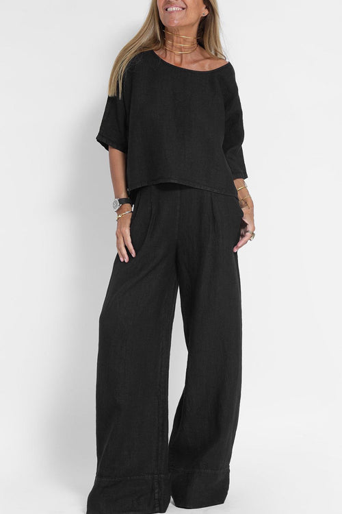 Dames tweedelige set met rondehals-top, halflange mouwen en wijde broek met hoge taille