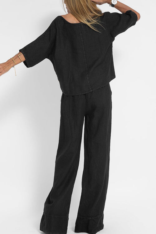 Dames tweedelige set met rondehals-top, halflange mouwen en wijde broek met hoge taille