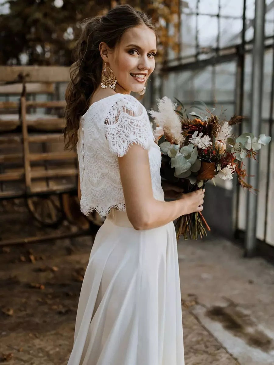 Damen Zweiteiliges Set mit Spitzenoberteil Kurzarm und Maxirock mit Asymmetrischem Saum