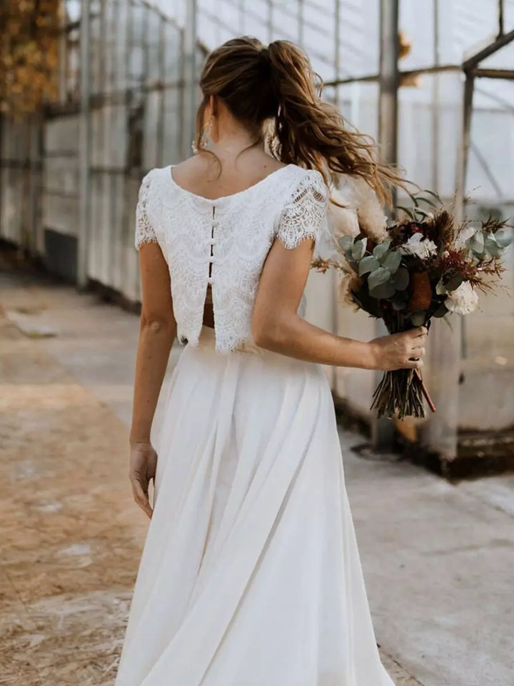 Damen Zweiteiliges Set mit Spitzenoberteil Kurzarm und Maxirock mit Asymmetrischem Saum